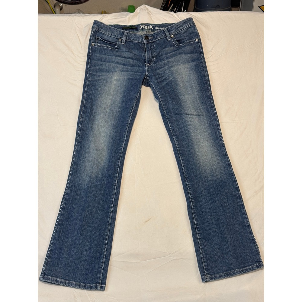 Rock 47 by Wrangler Ultra Low Rise Bootcut Jeans Blue Embroidered Pockets 30x31